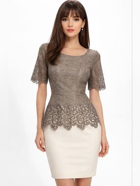 Elegant Taupe Lace Peplum Dress- Size Small